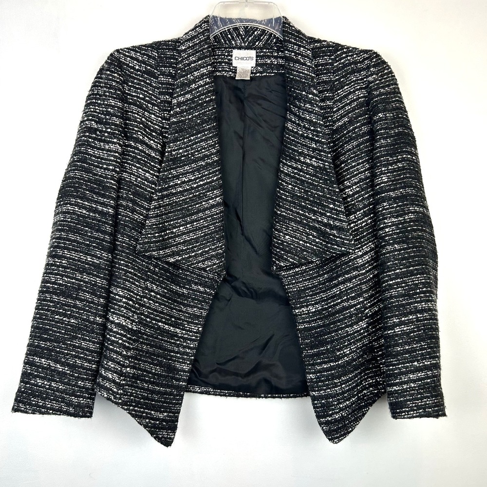 Chicos Blazer Womens Small Open Texture Black 0 Tweed Asymmetric Lady Jacket